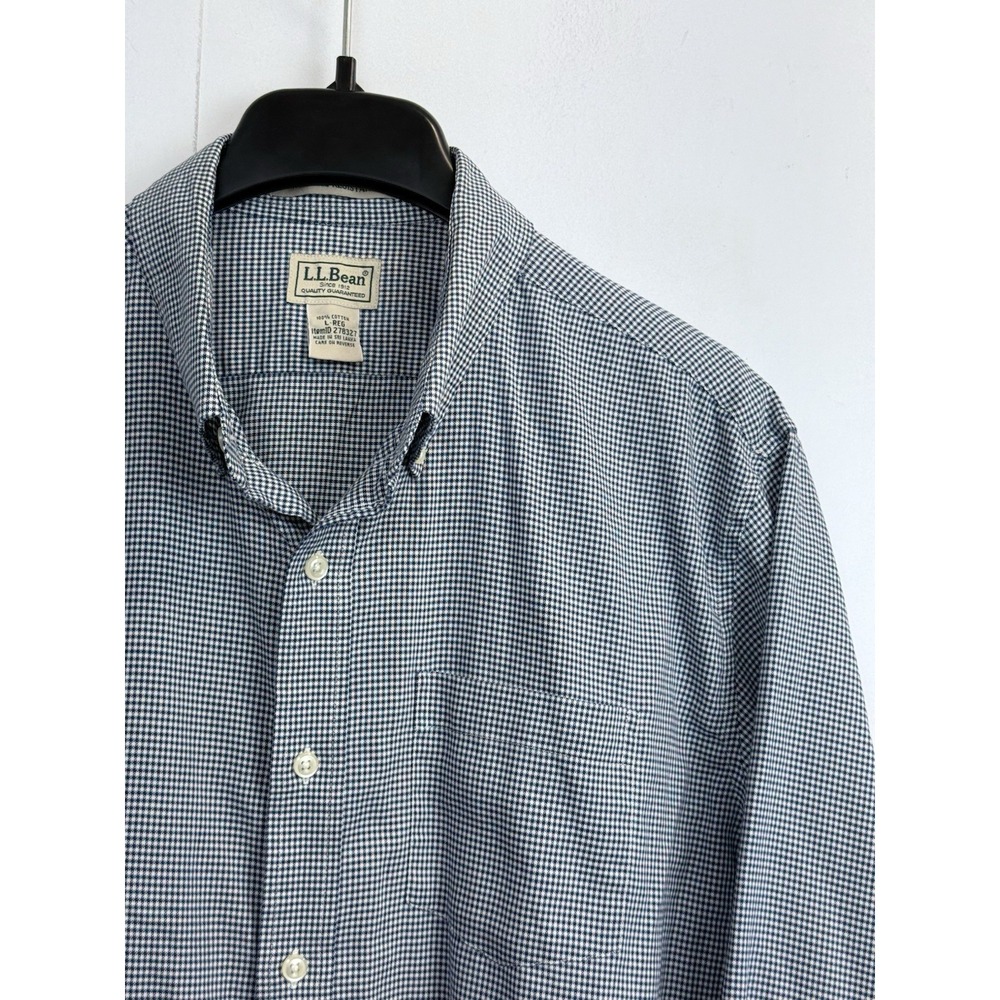 LL‎ Bean Button Down Shirt L Blue 100% Cotton Wrinkle Free Long Sleeve Gingham